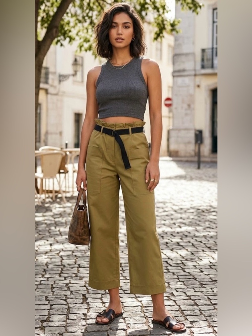 Zara Olive Green Cargo Pants with Black Web Belt